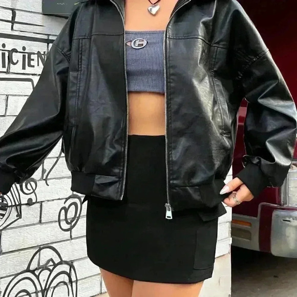 Black Casual Women's Drop Shoulder Zipper Patent Jacket - Picture 4 of 6